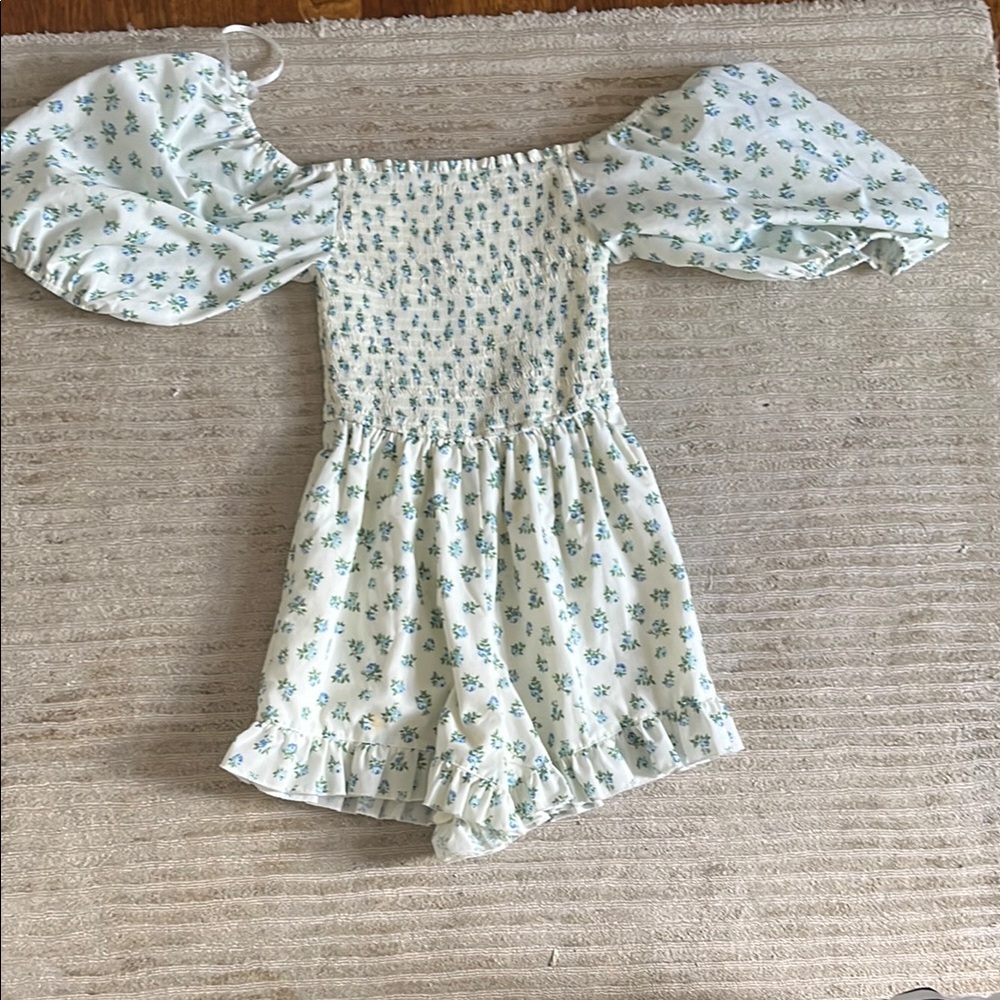 Princess Polly White and Blue Floral Jumpsuit with Puff Sleeves
